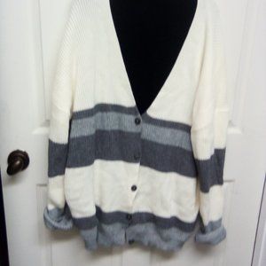 Oversized Cream Striped Cardigan, 3XL. Knit, Cream, Grey Stripes & Buttons